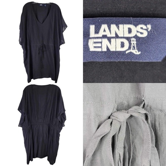 Lands End Swim Coverup Women's XL Black Short Sleeve Tie Cinch Waist Modal - Picture 1 of 10